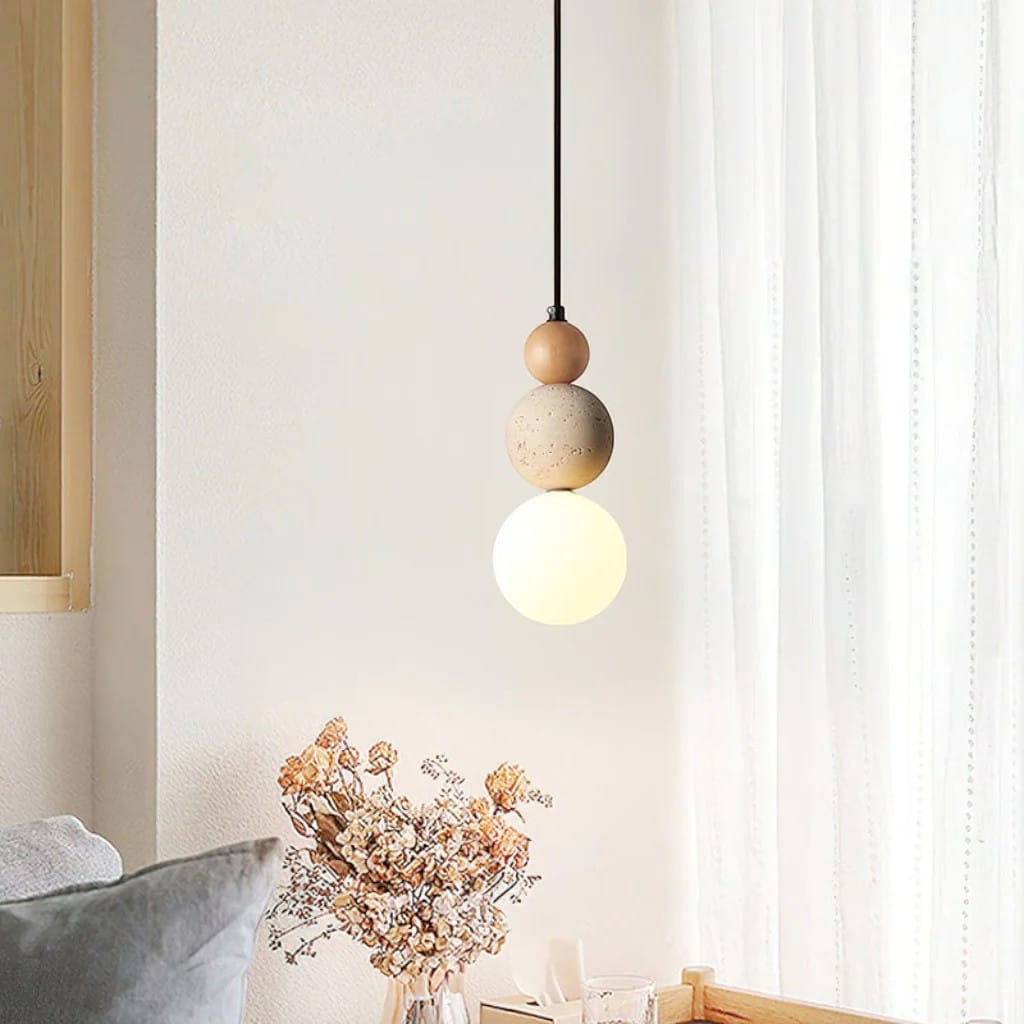 Japandi Travertine & Wood 3 Globes Pendant Light Boldenn