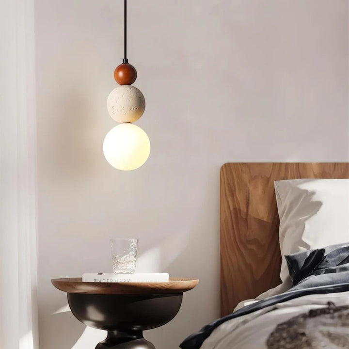 Japandi Travertine & Wood 3 Globes Pendant Light
