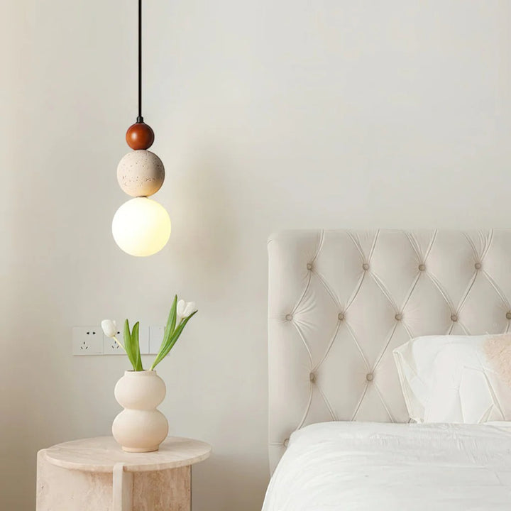 Japandi Travertine & Wood 3 Globes Pendant Light