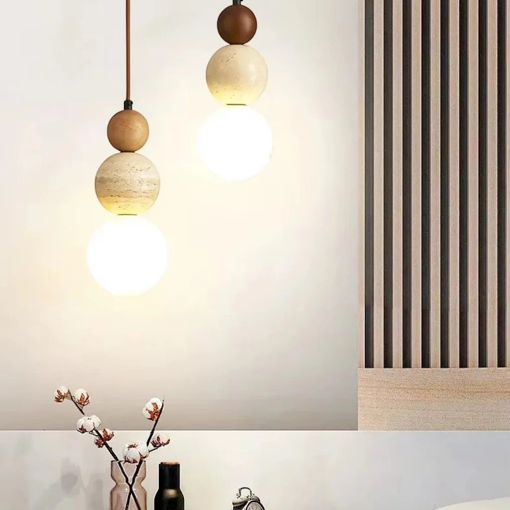 Japandi Travertine & Wood 3 Globes Pendant Light
