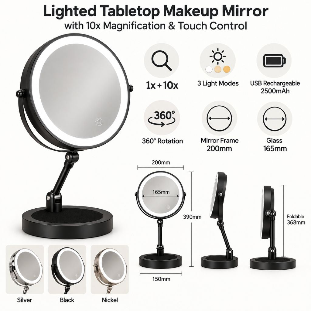 Lighted Tabletop Makeup Mirror with 10x Magnification & Touch Control