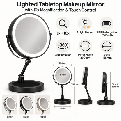 Lighted Tabletop Makeup Mirror with 10x Magnification & Touch Control
