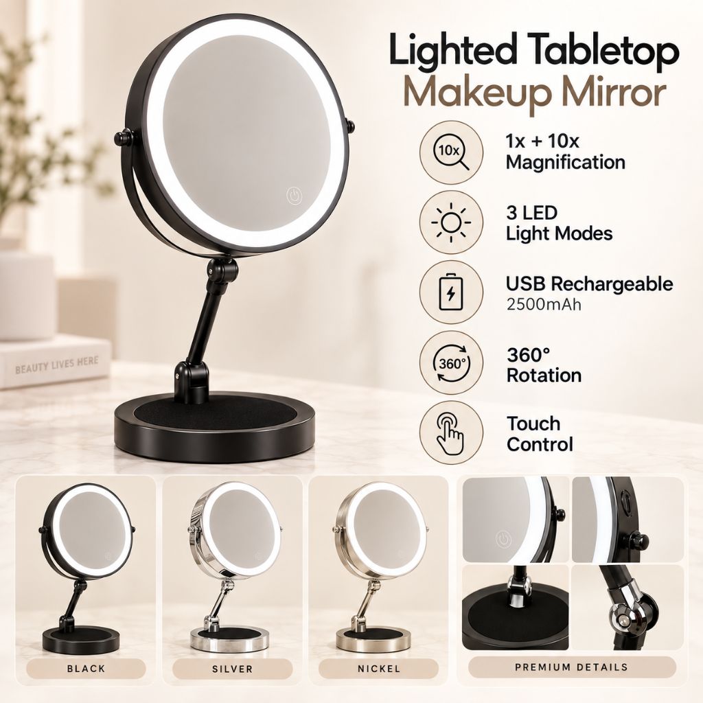 Lighted Tabletop Makeup Mirror with 10x Magnification & Touch Control