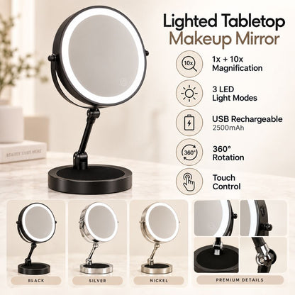 Lighted Tabletop Makeup Mirror with 10x Magnification & Touch Control