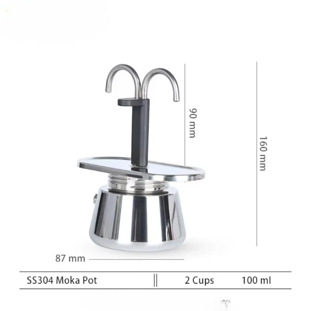 Mini Dual Spout Moka Pot – 2 Cup Stainless Steel Espresso Maker Boldenn