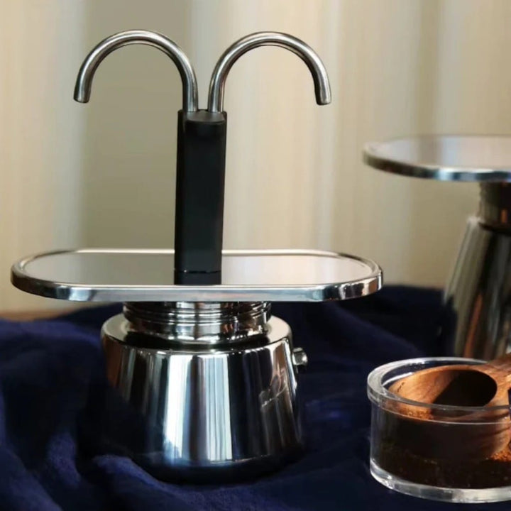 Mini Dual Spout Moka Pot – 2 Cup Stainless Steel Espresso Maker Boldenn