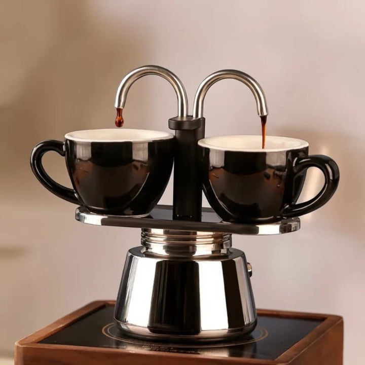 Mini Dual Spout Moka Pot – 2 Cup Stainless Steel Espresso Maker Boldenn