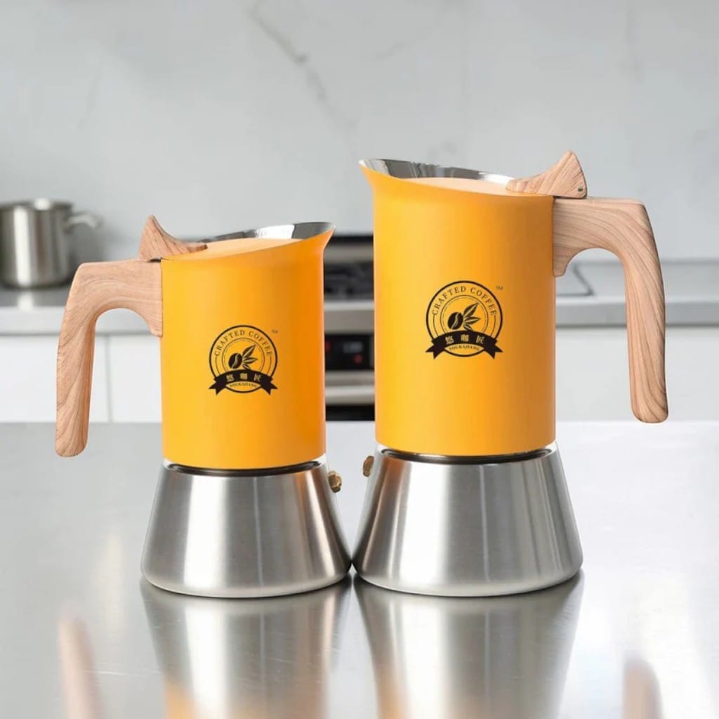 NordBrew Yellow Induction Moka Pot – Stainless Steel & Wooden Handle Boldenn
