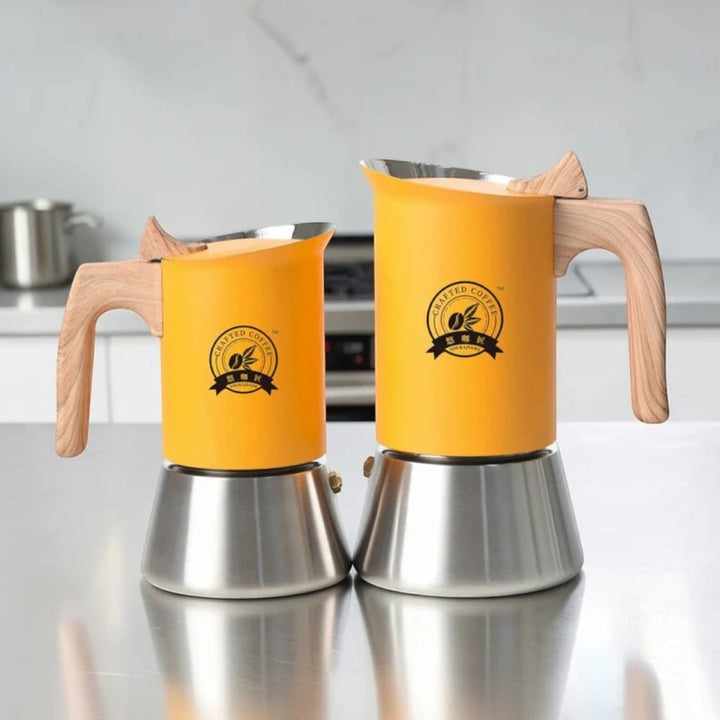 NordBrew Yellow Induction Moka Pot – Stainless Steel & Wooden Handle Boldenn