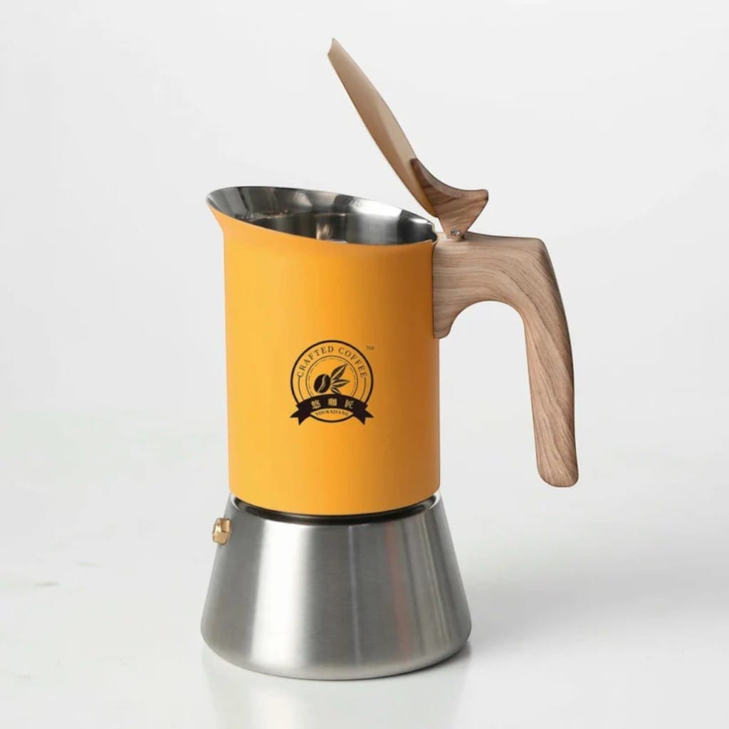 NordBrew Yellow Induction Moka Pot – Stainless Steel & Wooden Handle Boldenn