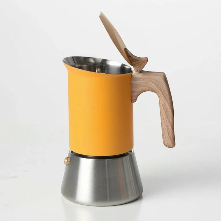 NordBrew Yellow Induction Moka Pot – Stainless Steel & Wooden Handle Boldenn