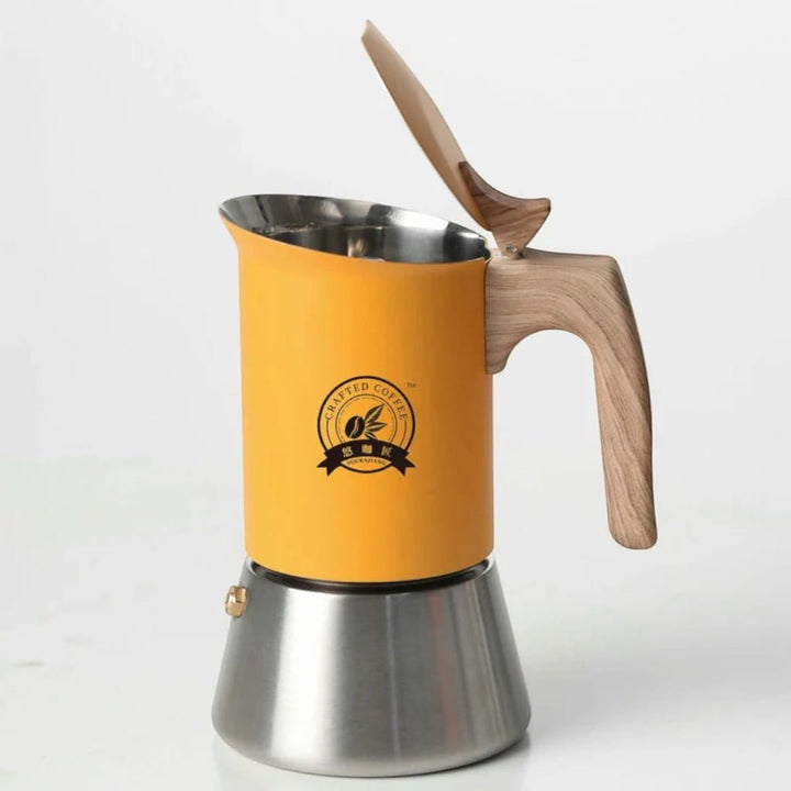 NordBrew Yellow Induction Moka Pot – Stainless Steel & Wooden Handle Boldenn