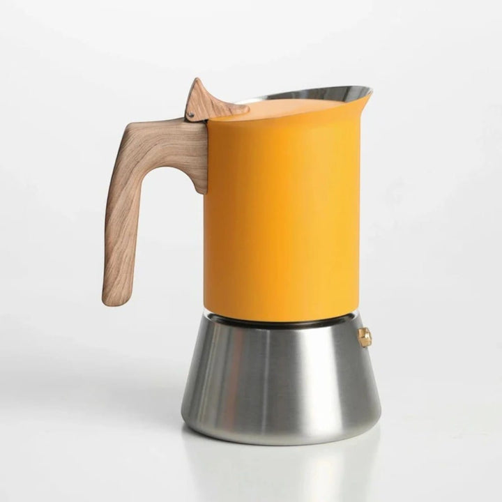 NordBrew Yellow Induction Moka Pot – Stainless Steel & Wooden Handle Boldenn