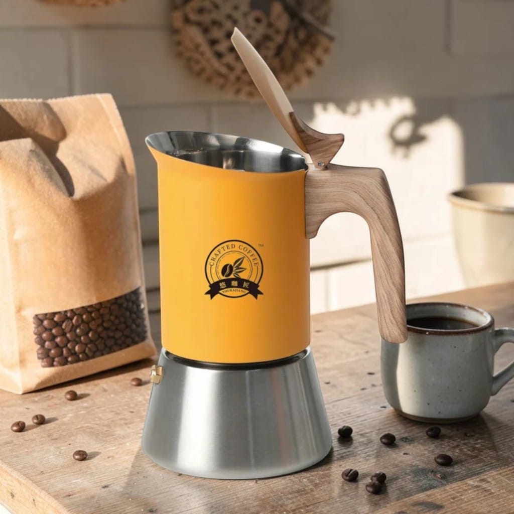 NordBrew Yellow Induction Moka Pot – Stainless Steel & Wooden Handle Boldenn