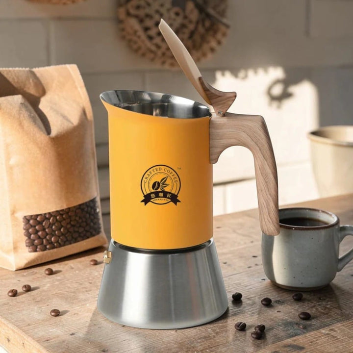 NordBrew Yellow Induction Moka Pot – Stainless Steel & Wooden Handle Boldenn