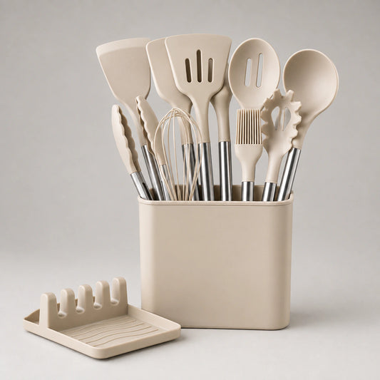 Complete Khaki 13-piece silicone kitchen utensil set on a warm-gray background