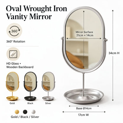 Oval Wrought Iron Vanity Mirror with 360° Rotation