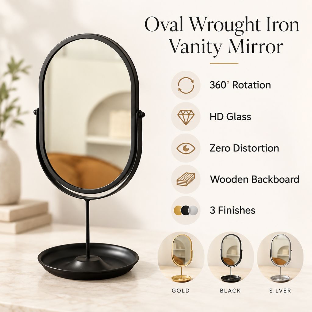 Oval Wrought Iron Vanity Mirror with 360° Rotation