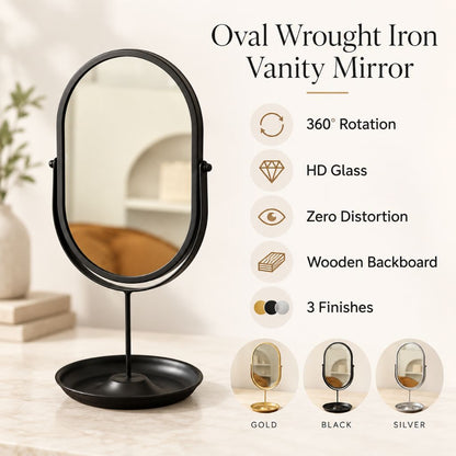 Oval Wrought Iron Vanity Mirror with 360° Rotation