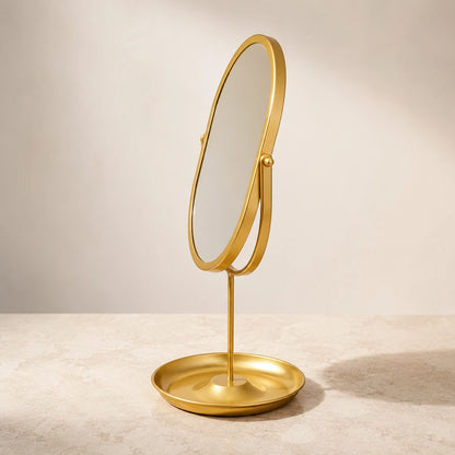 Side profile and tray base of a Gold oval vanity mirror