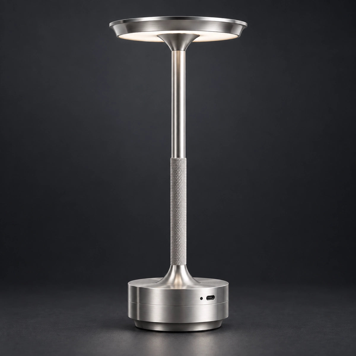 Brushed silver rechargeable touch table lamp detail