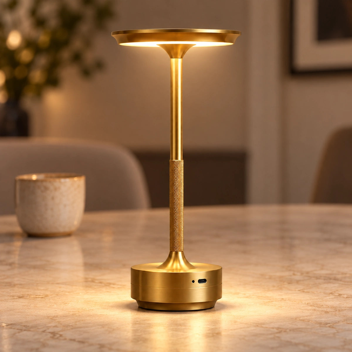 Gold rechargeable touch table lamp on a dining table
