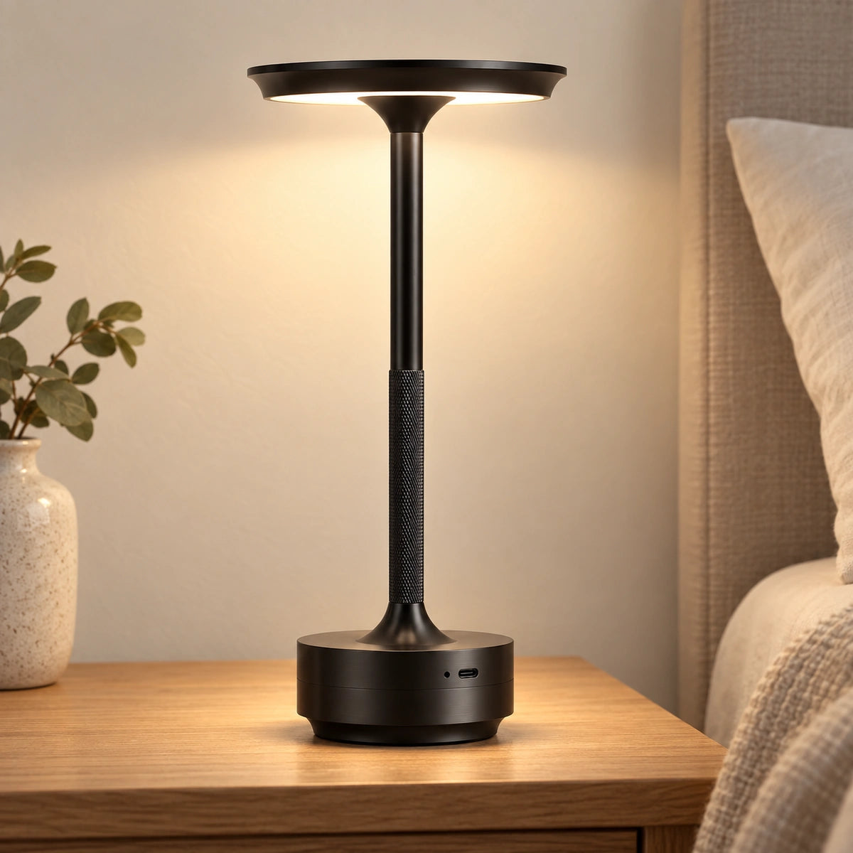 Black rechargeable touch table lamp on a bedside table