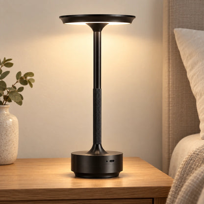 Black rechargeable touch table lamp on a bedside table