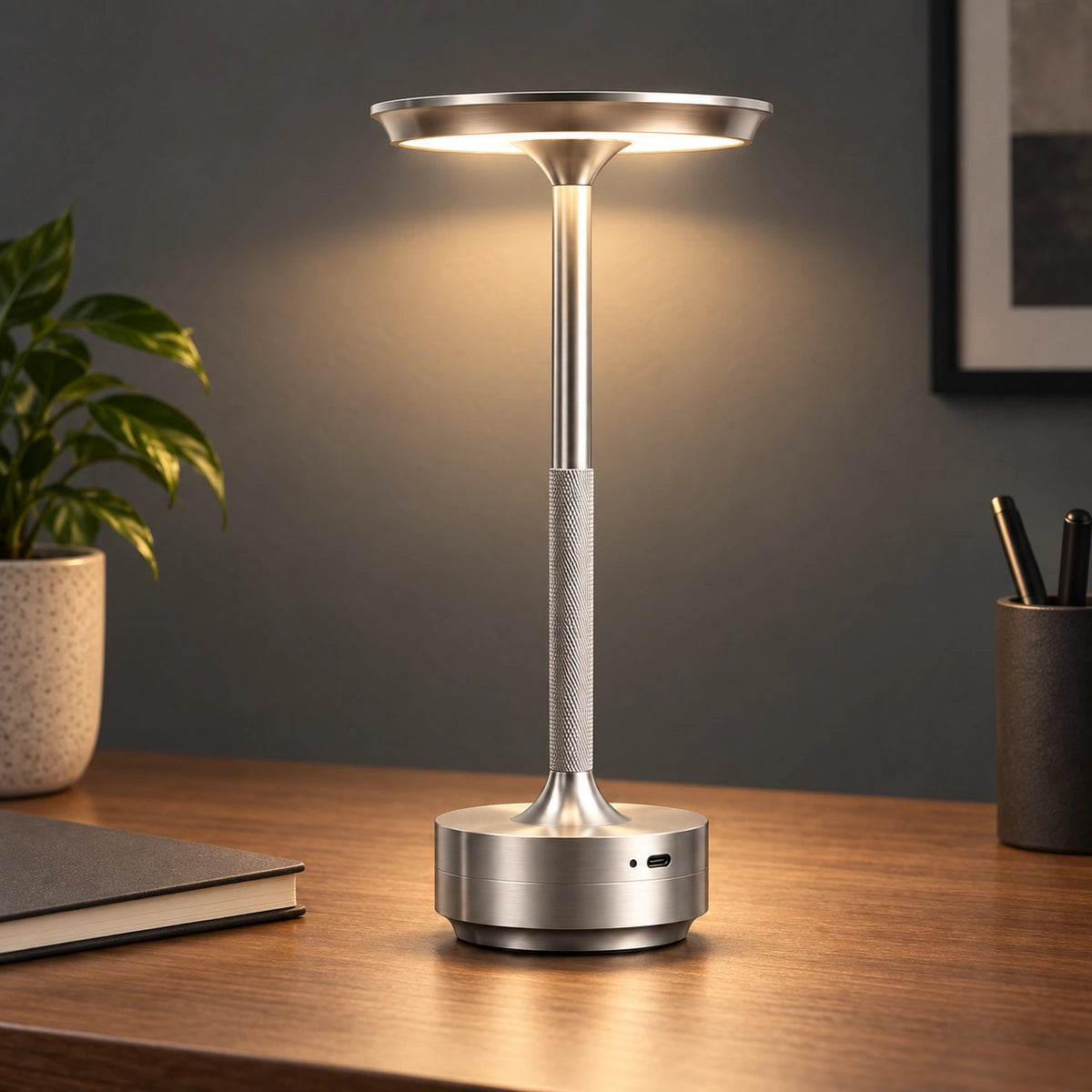 Silver rechargeable touch table lamp on a home office desk