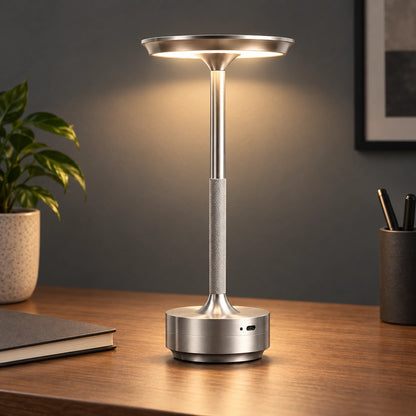 Silver rechargeable touch table lamp on a home office desk