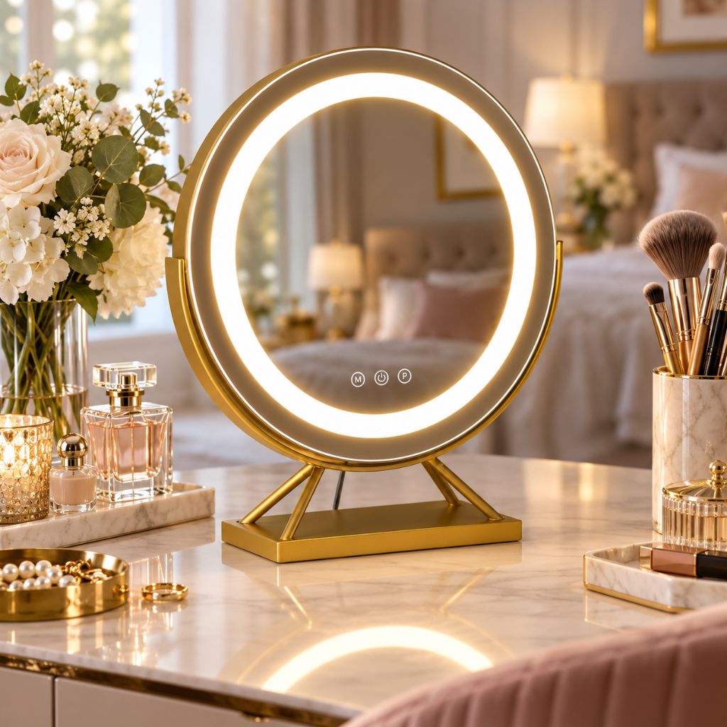 Round Lighted Makeup Mirror with Dimmable LED and 15x Magnification