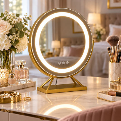 Round Lighted Makeup Mirror with Dimmable LED and 15x Magnification