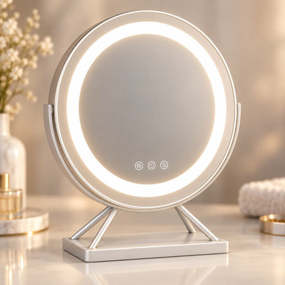 Round Lighted Makeup Mirror with Dimmable LED and 15x Magnification