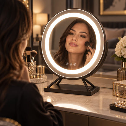 Round Lighted Makeup Mirror with Dimmable LED and 15x Magnification