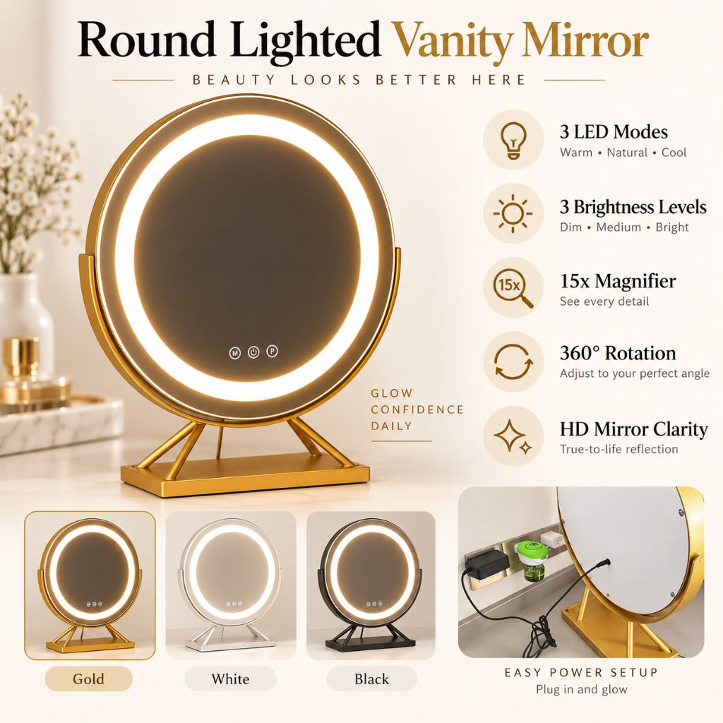 Round Lighted Makeup Mirror with Dimmable LED and 15x Magnification