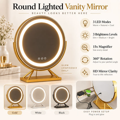 Round Lighted Makeup Mirror with Dimmable LED and 15x Magnification