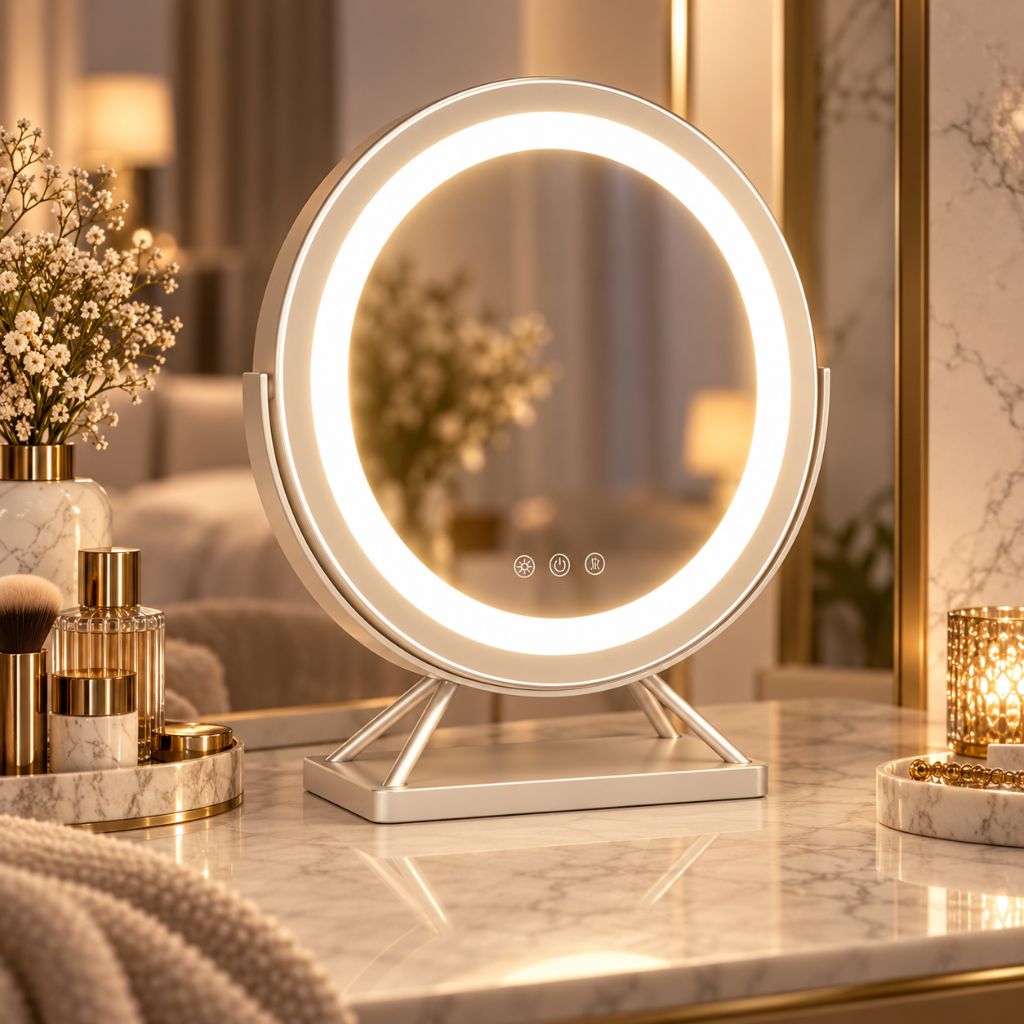 Round Lighted Makeup Mirror with Dimmable LED and 15x Magnification