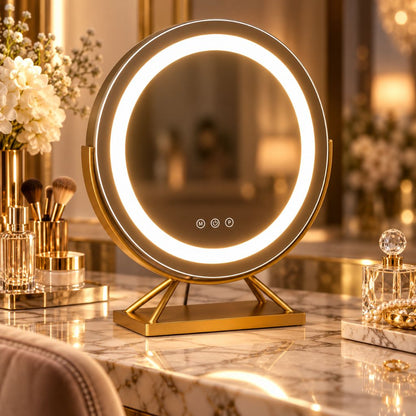 Round Lighted Makeup Mirror with Dimmable LED and 15x Magnification