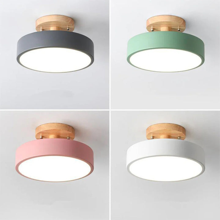 Scandinavian Round Semi Flush Ceiling Light with Wooden Base