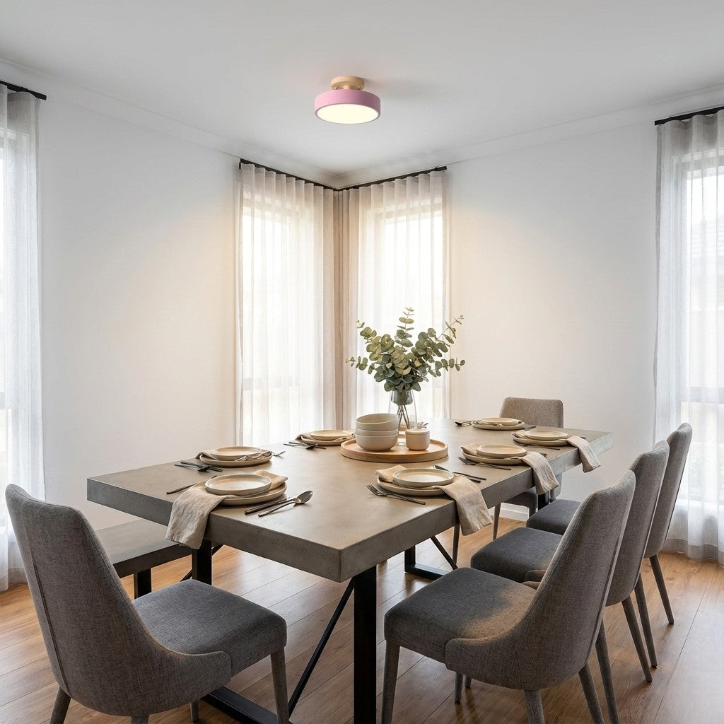 Scandinavian Round Semi Flush Ceiling Light with Wooden Base