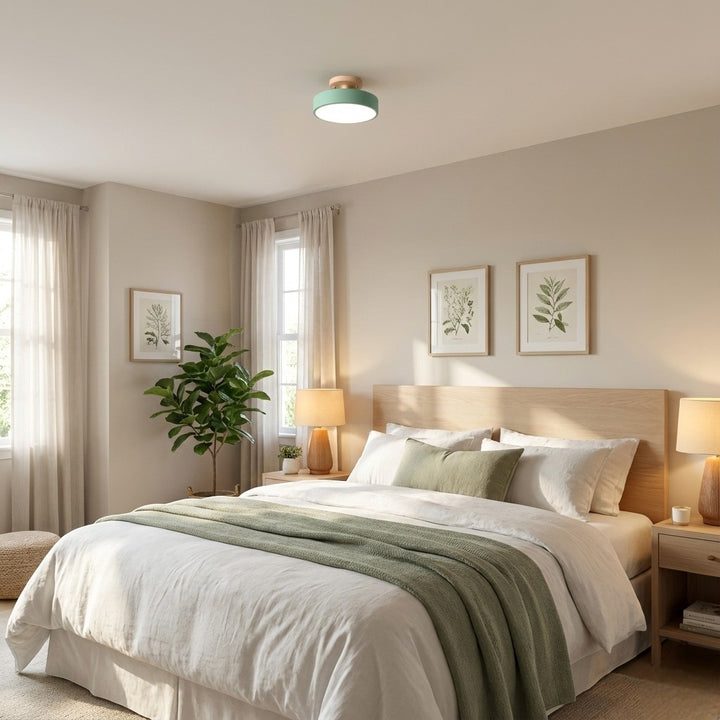 Scandinavian Round Semi Flush Ceiling Light with Wooden Base