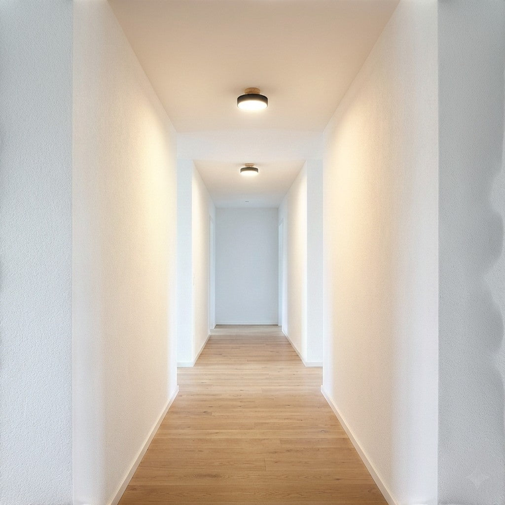 Scandinavian Round Semi Flush Ceiling Light with Wooden Base