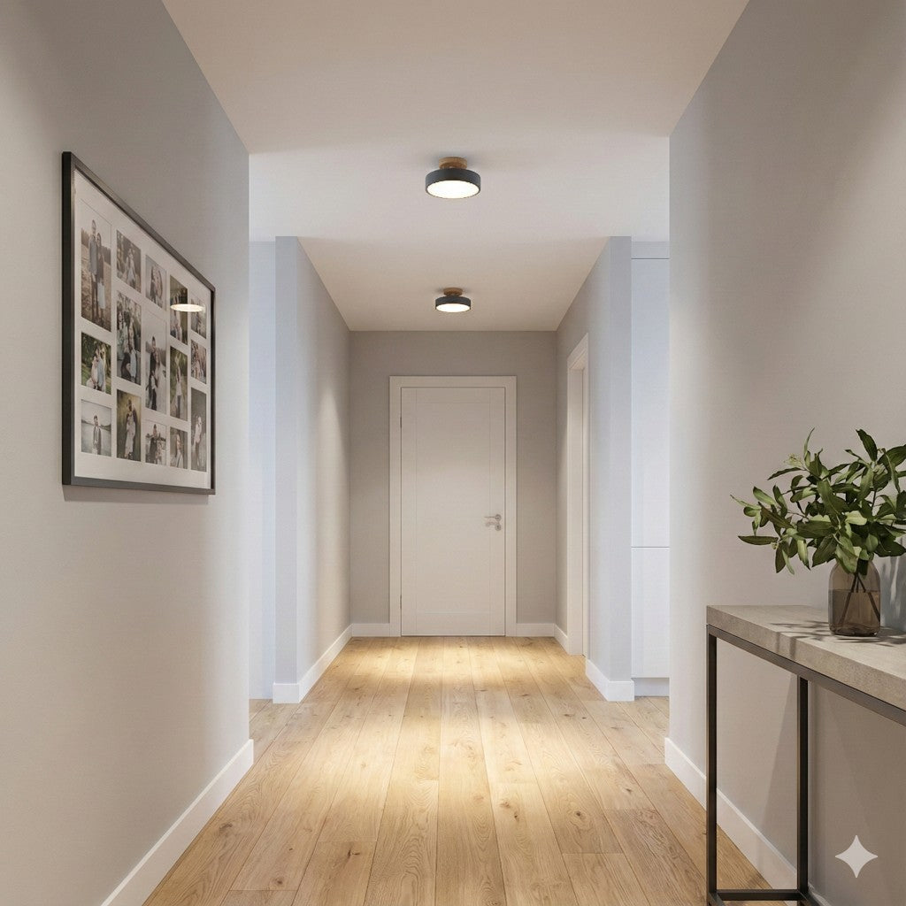 Scandinavian Round Semi Flush Ceiling Light with Wooden Base