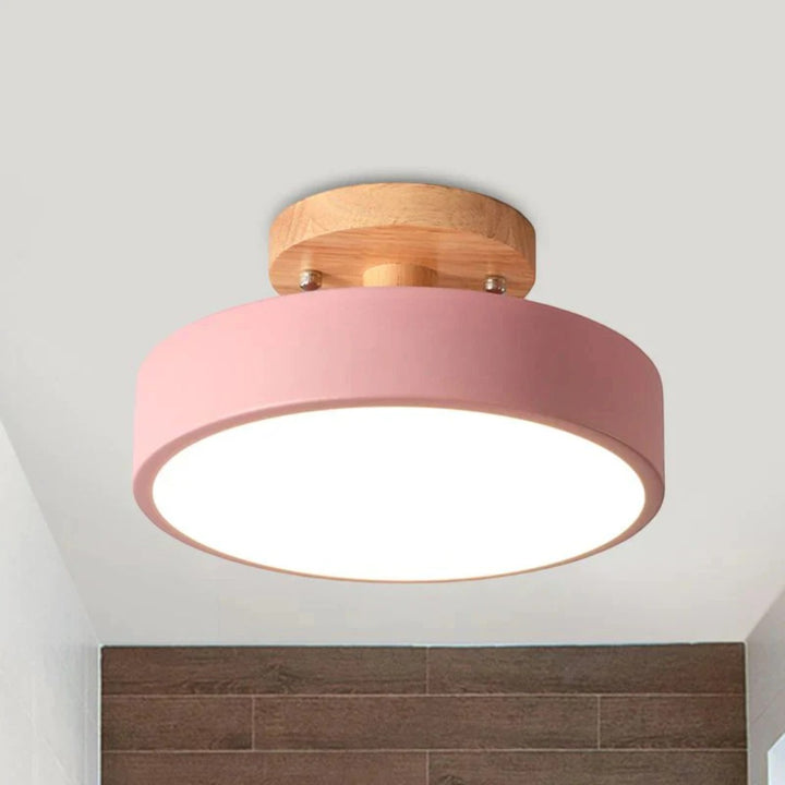 Scandinavian Round Semi Flush Ceiling Light with Wooden Base