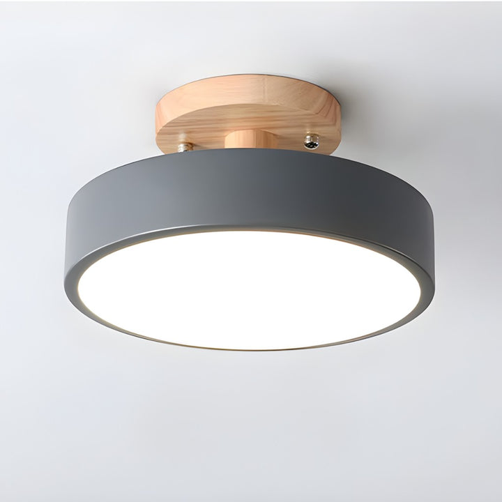 Scandinavian Round Semi Flush Ceiling Light with Wooden Base
