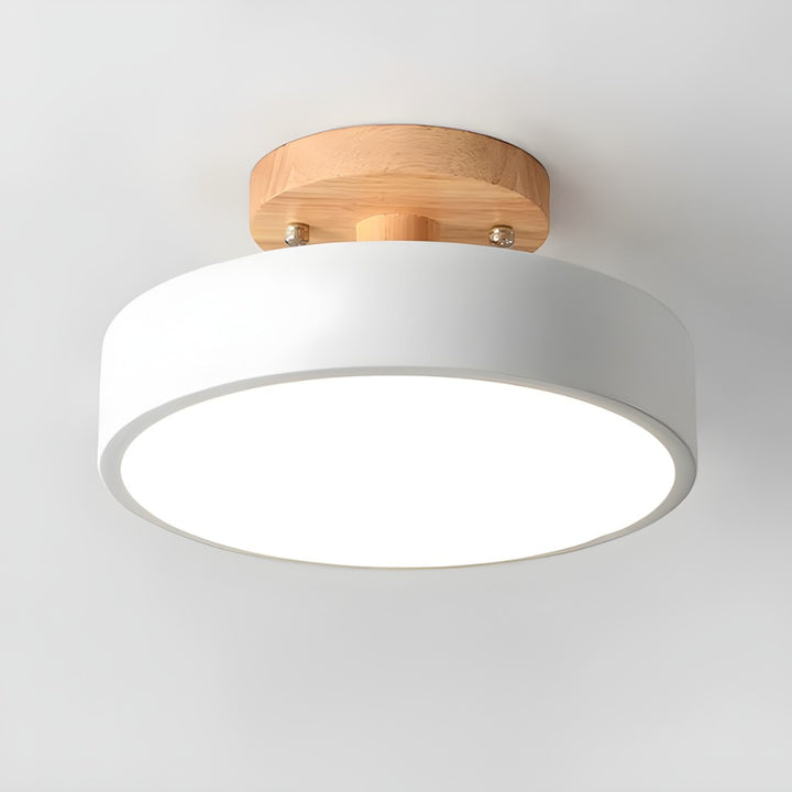 Scandinavian Round Semi Flush Ceiling Light with Wooden Base