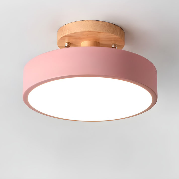 Scandinavian Round Semi Flush Ceiling Light with Wooden Base