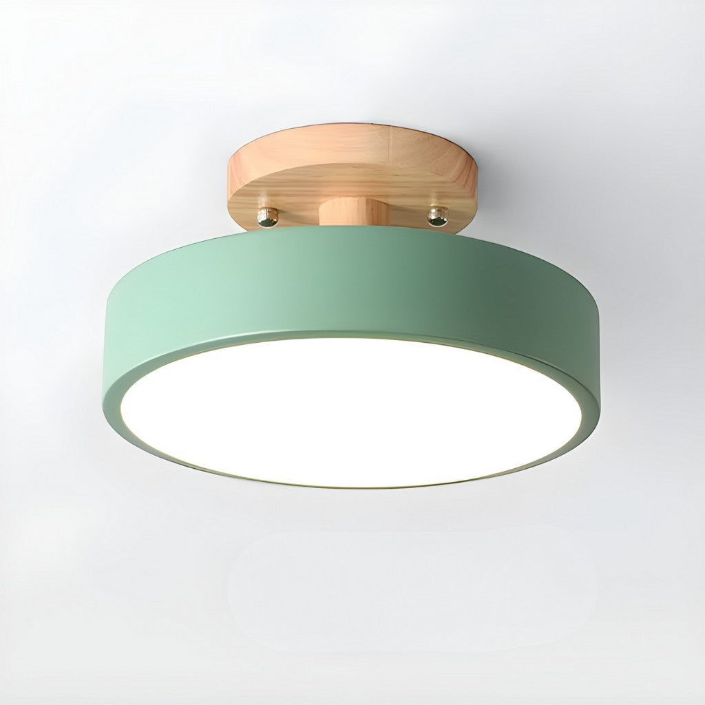 Scandinavian Round Semi Flush Ceiling Light with Wooden Base