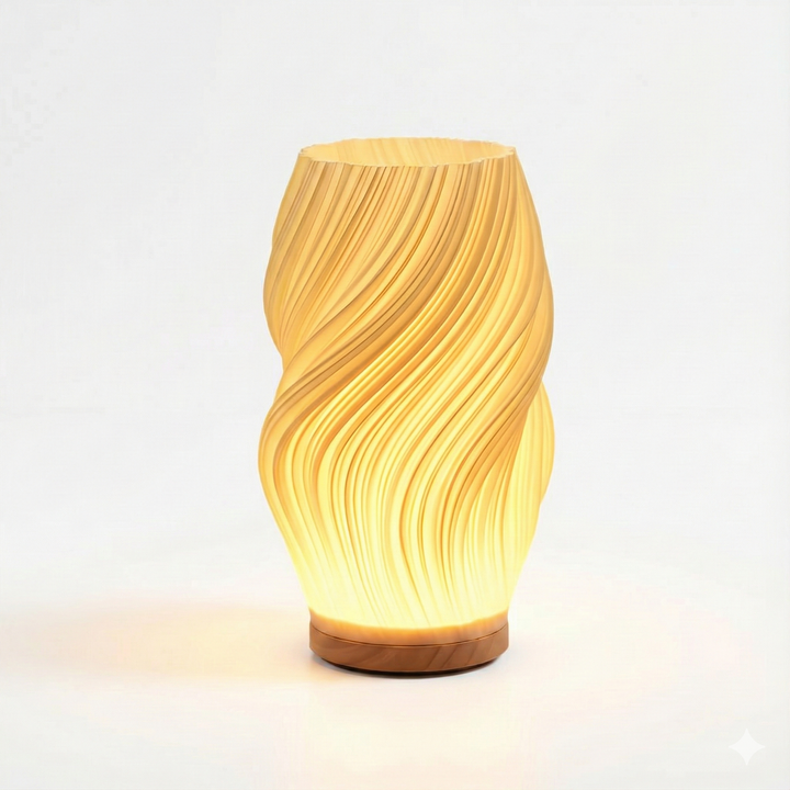 Sculpted Wave Bedside Lamp with Wooden Base