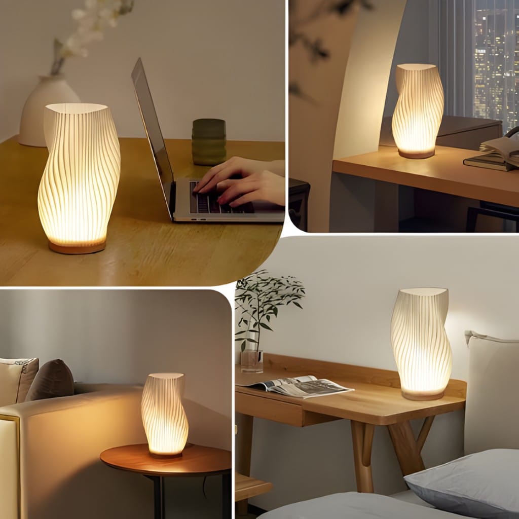 Sculpted Wave Bedside Lamp with Wooden Base Boldenn